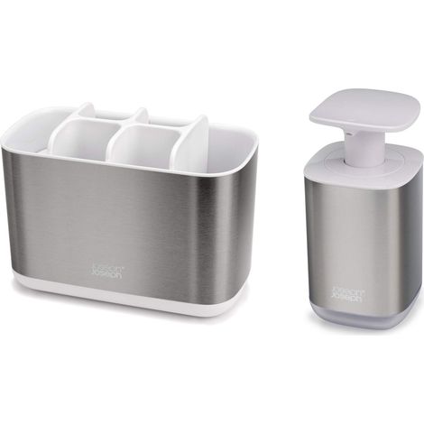 Joseph Joseph - Porta Spazzolino Compatibile con Spazzolini Elettrici e Tradizionali, 6 Scomparti, Smontabile + Dispenser Sapone Liquido con Finestra Controllo Livello- Grande, Acciaio Inox (1/5)
