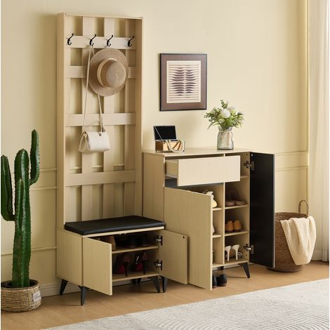 Garderoben-Set mit Bank und Schuhschrank, MDF, helle Holzoptik, OKWISH (1/5)