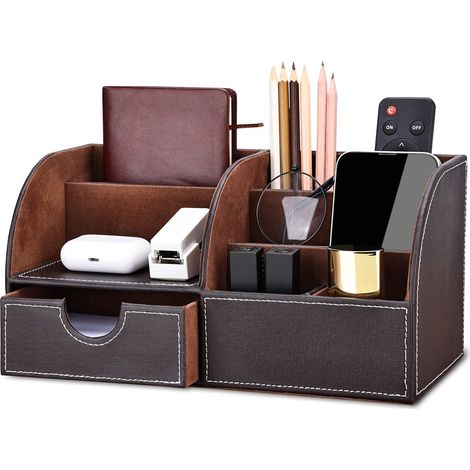 Schreibtisch-Organizer aus braunem Leder mit Stiftehalter und Kugelschreiberablage. (1/5)