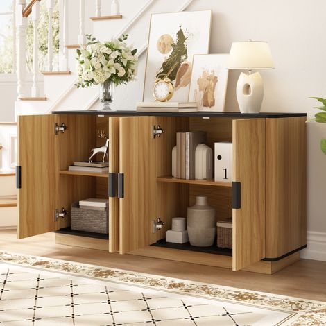 Buffet 4 portes effet bois, moulures verticales, 139 x 40 x 75 cm HAVRYA (1/5)