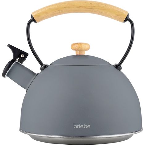 Briebe Nordic Bouilloire à Induction Théière Sifflet 2,3L  Acier Inox., Poignée en Bois  Gris