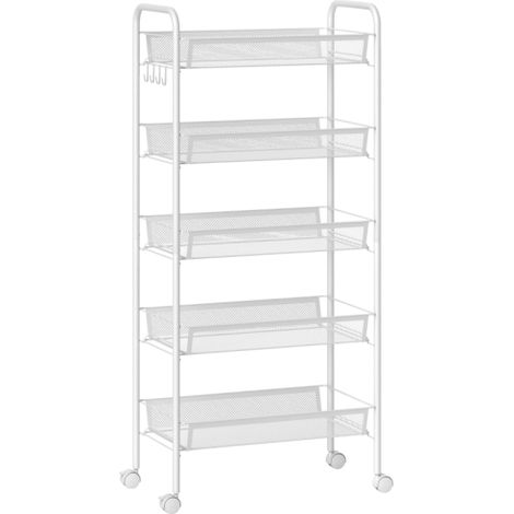 Carrello da cucina con 5 cestelli in filo metallico, 4 ganci, 4 ruote, 2 maniglie, acciaio/plastica, 45x26,5x106 cm, biancoSul posto