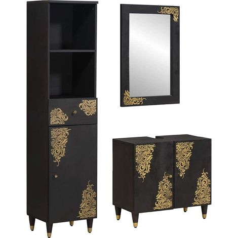 Badezimmerschrank-Set mit Tür 3 pcs Schwarz Massivholz Mango