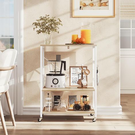 WOLTU Scaffale da Cucina con Rotelle, Carrello di Servizio con 3 Ripiani, Scaffale per Microonde, Forno, Tostapane, Struttura Metallica con 4 Ganci, Bianco + Effetto Legno