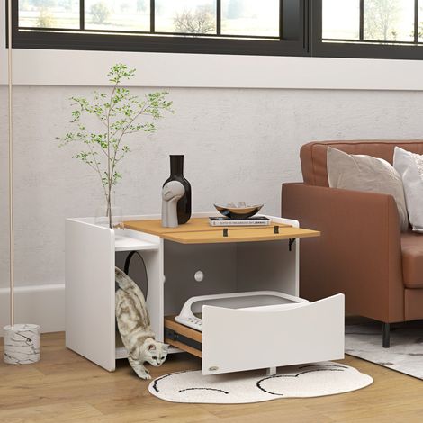 Toilettes pour chat, 78x50x51cm, extensibles, design d’armoire, bac à litière, chêne/blanc