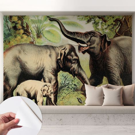 Papier peint adhésif autocollant pour salon chambre à coucher peint imprimé Installation facile Famille d'éléphants 208x146 cm (1/5)