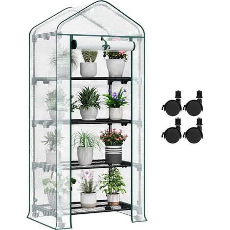 Serre de Jardin WOLTU, Serre de Balcon avec roulettes, 4 Étagères, 70x50x163cm, Porte Zippée Enroulable, Blanc, Intérieur et Extérieur