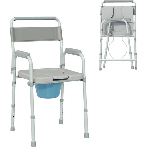 Chaise percée toilette - HOMCOM - pliable et antidérapante - hauteur réglable, siège et accoudoirs rembourrés, charge 150 kg - Gris (1/5)