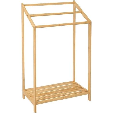 Porte-serviettes - JUANIO - Long.51×Prof.31×Ht.85 cm - 3 barres bambou - étagère intégrée - Beige (1/4)