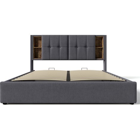 Lit double capitonné gris 180x200 cm avec recharge sans fil, USB-C et rangement HOMVRA (1/5)