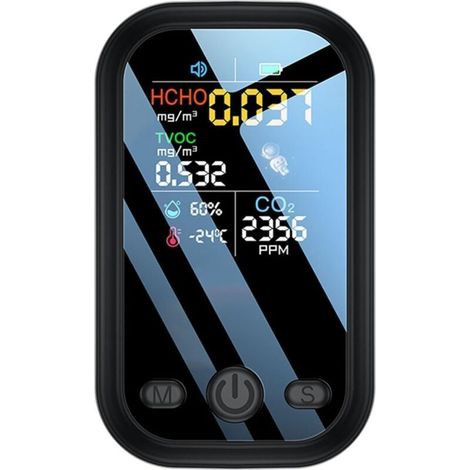 SABIR (8.5×5.1×1.7cm)(Noir)Détecteur de , détecteur de qualité de l'air 5 en 1, testeur de dioxyde de carbone intérieur HCHO TVOC testeur de température et d'humidité Moniteur de qualité de l'air (1/4)