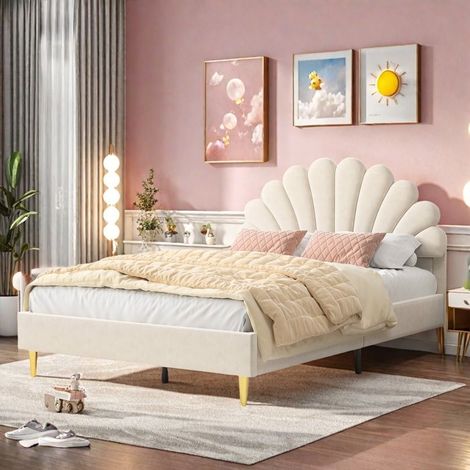 Doppelbett mit Knopfheftung - TANANT - 140x200 cm - Beige Samt - Kopfteil Blütenblatt - Moderner Stil