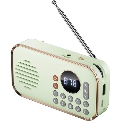 Radio FM portable rechargeable - Petite enceinte Bluetooth sans fil, son stéréo surround, USB, radio vintage, vert clair