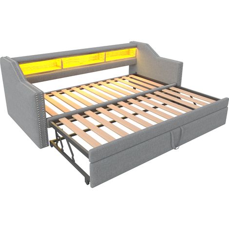 Canapé-lit gigogne rembourré 90/180 x 190 cm avec rangements LED USB, gris clair MODENUIT (1/5)