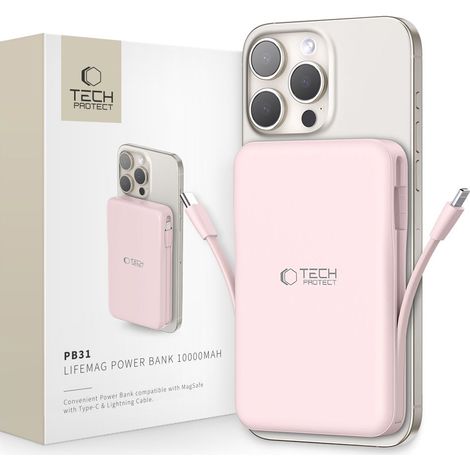 Bater铆a externa USB-A USB-C de 10000 mAh con cables USB-C, Lightning y MagSafe para iPhone - Rosa (1/5)