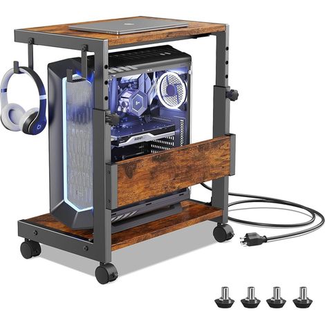 Support Tour PC Réglable Hauteur à 2 Niveaux, avec Roulettes Support PC sous Bureau pour Boîtier ATX jusqu'à 50kg, Support pour Imprimante de Bureau Domestique, Petit Marron (1/5)
