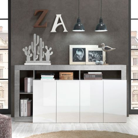 Buffet moderne laqué blanc et gris béton 4 portes GAMA (1/5)