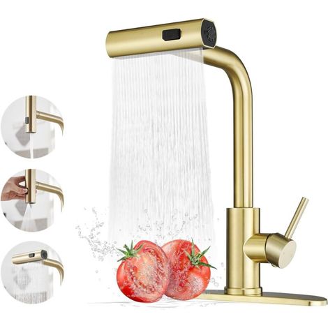 Robinet de cuisine cascade, mitigeur avec douchette extractible, robinet d'eau chaude et froide, doré (3 fonctions) (1/5)