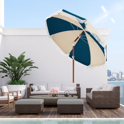 Ombrellone rotondo basculante Ø 225 cm con frange anti-UV in poliestere ad alta densità, asta removibile, blu vintage e beige