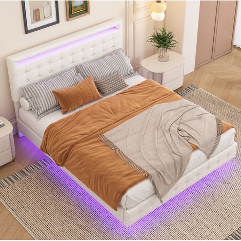 Cama flotante 140x200 cm blanca en PU y MDF con LED regulable y cabecero ajustable (1/5)