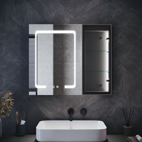 ELEGANT Bathroom LED Anti-Fog Mirror Cabinet with Glass Shelves, Dimmable LED Illumiated, Built-in Ambient Lighting, Shaver Socket, Hemp Black, 700x600x125mm (1/5)