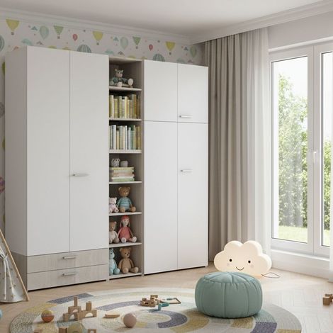 L.225 H.225,8 - Armadio con libreria incorporata e cassetti - Design moderno e funzionale - Bianco e rovere rock (1/5)
