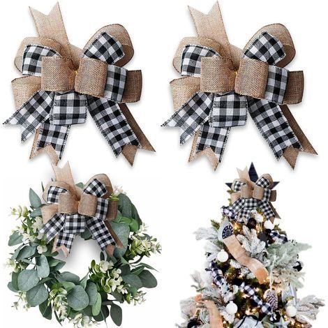 Set di 2 fiocchi per ghirlanda in iuta a quadri Buffalo Check, 30,5 x 24,9 cm, grande decorazione rustica per albero di Natale, matrimonio, festività, festa, parete, porta d'ingresso. (1/5)