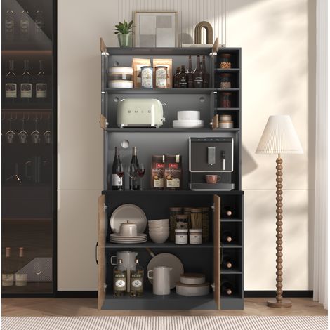 Meuble de cuisine avec éclairage LED, 100 x 47 x 187 cm, gris et naturel DESVIAE (1/5)