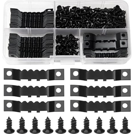 85 crochets de cadre dentelés + 170 vis, crochets de cadre dentelés à double trou, adaptés aux photos d'art, peintures, toiles, noir (45 x 8 mm). (1/4)