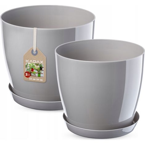 KADAX Blumentopf Set mit Untersetzer, aus Kunststoff, 23 cm + 28 cm, Grau