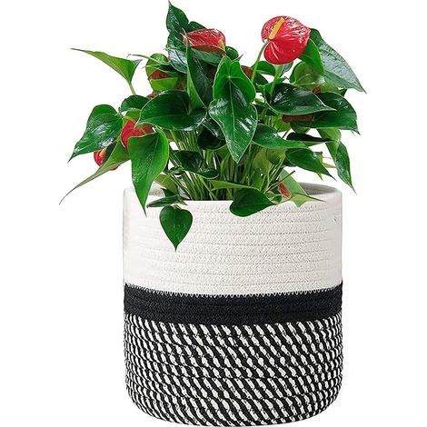 Tissé Panier en Corde de Coton,Panier de Rangement Ronde Tressé,Corde de Coton Panier de Plante,25cm, Panier à Linge, Panier à Jouets, Panier Multifonctionnel, Blanc et Noir. (1/5)