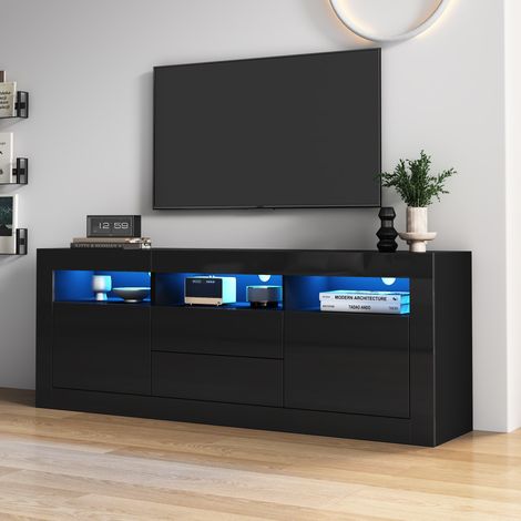 MEUBLIV Meuble TV 160x35x60 cm noir – LED intégrée, 3 niches, 2 tiroirs (1/5)