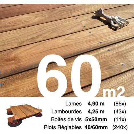 Kit complet terrasse bois exotique JATOBA pour 60 m² • Lames 4,9 m, lambourdes 4,25 m, plots réglables et visserie Inox • Livraison gratuite