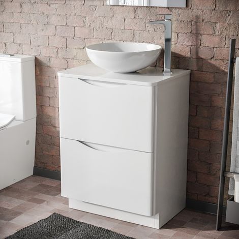 Merton White 600mm Bathroom Freestanding Vanity Unit With Round Ceramic Countertop 405mm Basin (1/5)