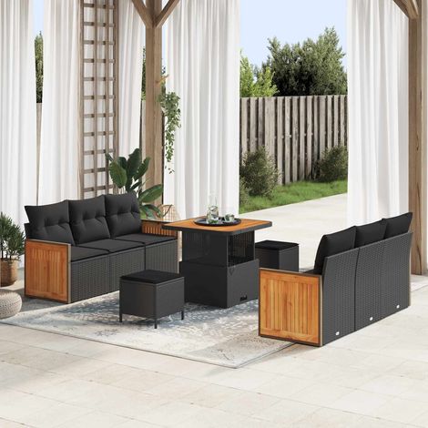 vidaXL Conjunto de sofás de jardín 9 uds. 8-Número de plazas Negro (1/5)