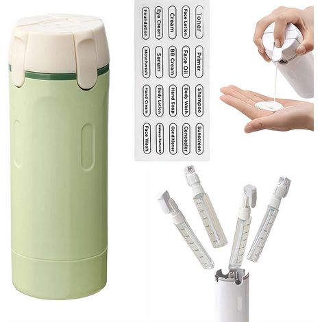 Dispensador de champú y acondicionador 4 en 1 para viajes, material de silicona a prueba de fugas y recargable, diseño transparente y portátil con cierre, ideal para viajes en avión y respetuoso con e (1/4)