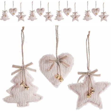 Set 18 decorazioni Natalizie in pelliccia sintetica con campanelle - stella, albero, cuore - 11 x 12 centimetri (1/3)