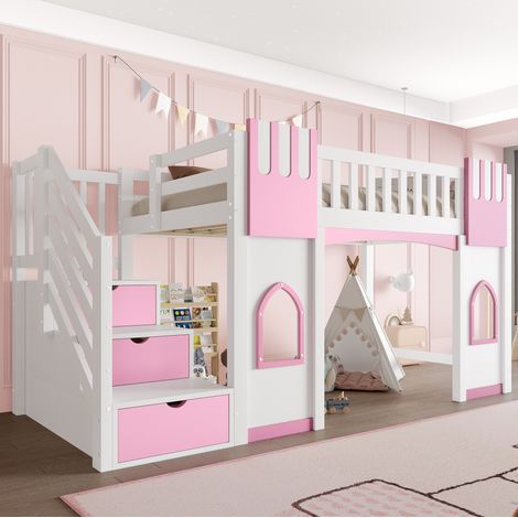 Letto rialzato bambini 90x200 cm con scala portaoggetti, finestra e sponda di sicurezza, senza materasso, rosa (1/5)