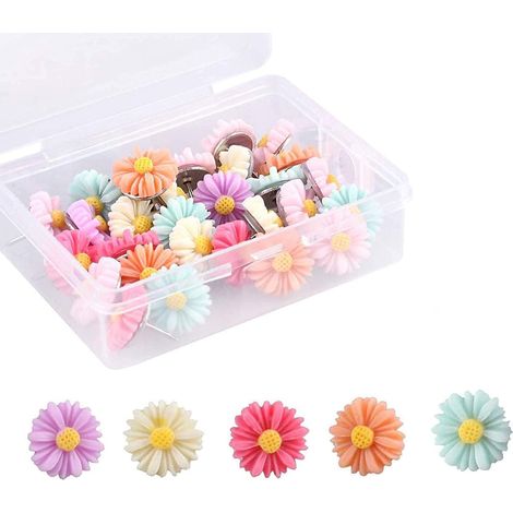 Chinchetas con forma de flor, chinchetas decorativas, chinchetas para marcar mapas, tableros de corcho, mapas de escritorio colgantes con caja de almacenamiento, 90 piezas (1/5)