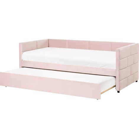 Lit Gigogne Glamour en Velours 90 x 200 cm Sommier à Lattes à 3 Pieds Rose Chavonne (1/5)