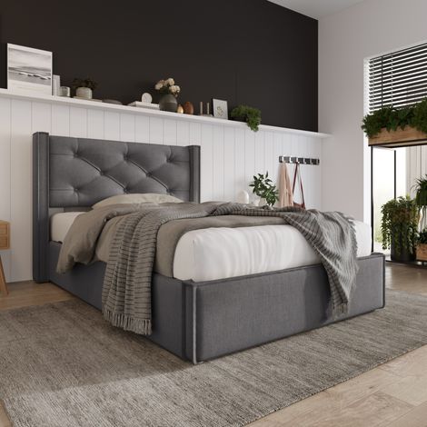 Letto singolo imbottito in cotone grigio 90x200 cm con contenitore, rete a doghe e materasso incluso (1/5)