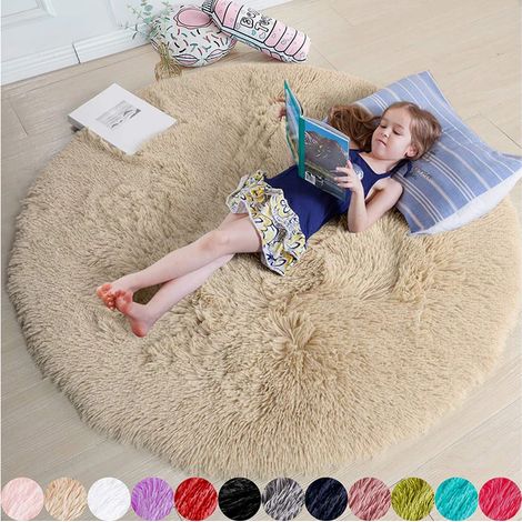 Tapis rond moelleux chambre, carpette circulaire 120x120 cm beige épais, tapis fluffy salon enfant, moquette douce 4 pieds, tapis cosy antidérapant pour pièce de jeu (1/5)