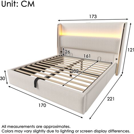Lit hydraulique moderne avec haute tête de lit, lit double 160x200cm avec éclairage LED, espace de rangement et ports USB/Type-C, aspect lin beige (sans matelas) (1/5)