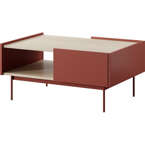 Table Basse Kelowna - Rouge, Chêne - Deux tiroirs - Largeur 97 cm, Hauteur 45 cm, Profondeur 65 cm (1/5)