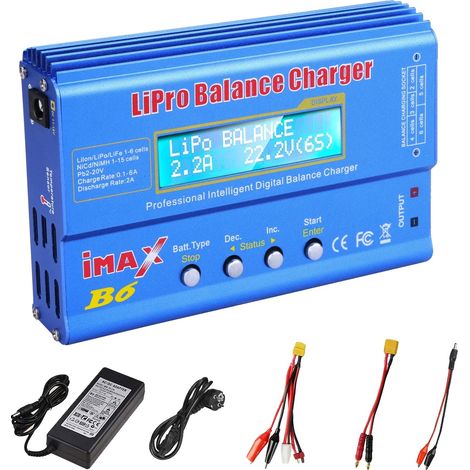Cargador de baterías, corriente máxima de 6 A, compatible con varios tipos de baterías, color azul con adaptador, enchufe europeo. (1/2)