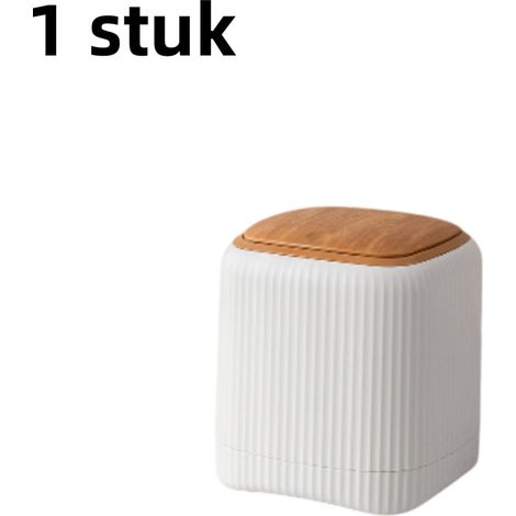 Mini poubelle à double bac avec couvercle à bouton poussoir style bois couleur blanche (1/5)