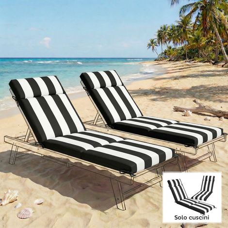 Lot 2 coussins chaise extérieure 6 lacets attache coton noir/blanc 183x54x6,5 cm