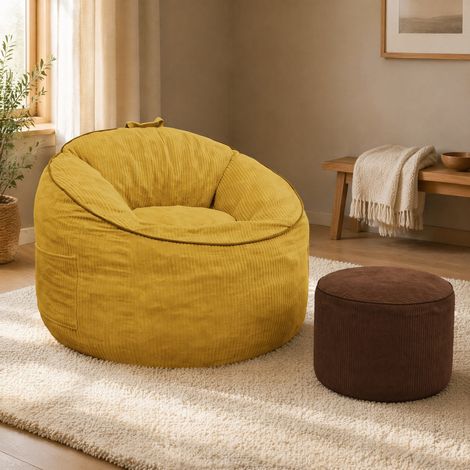Poltrona pouf ergonomica gialla con tasca portaoggetti e ottomano HAVRYA (1/5)