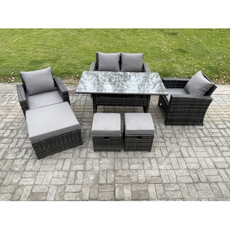 Fimous 7 Seater PE Wicker Outdoor Garden Furniture Set Patio Furniture Rattan Rectangular Dining Table Lounge Sofa with 3 Footstools (1/5)