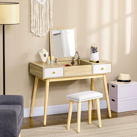 Postazione Trucco Moderno con Specchio Estraibile, Toeletta Trucco con Organizer Gioielli, 2 Cassetti e Sgabello, Color Legno (1/5)